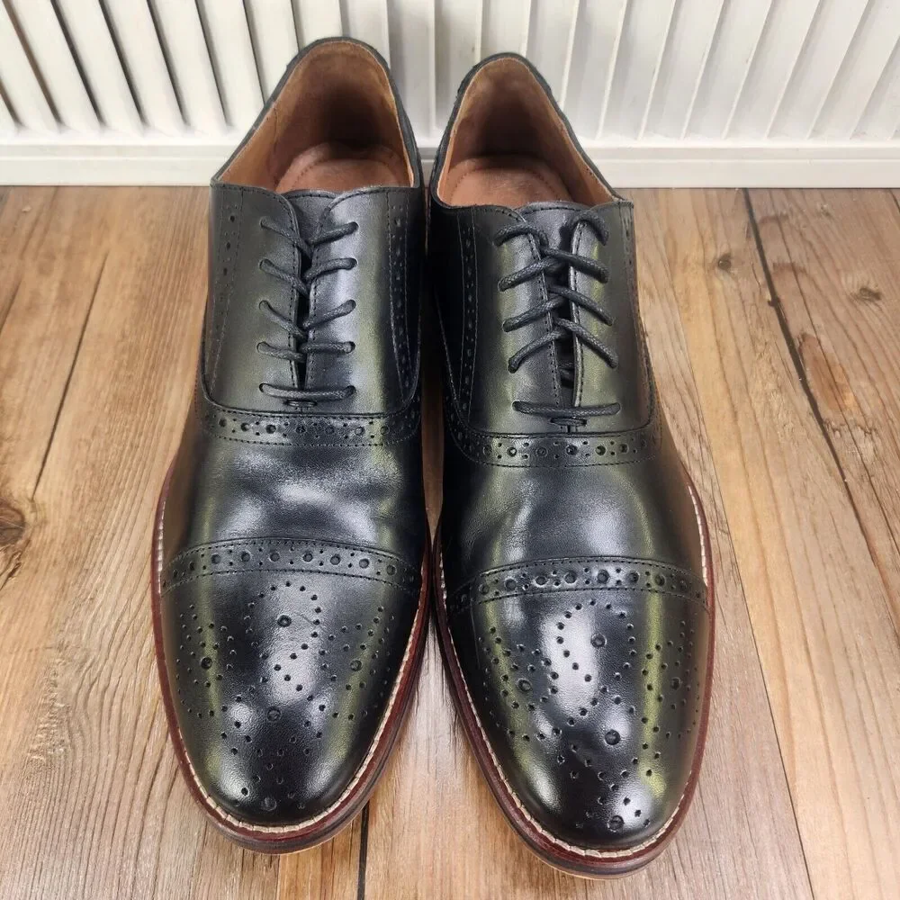 Johnston & Murphy Conard Men 11.5 Black Calfskin Captoe Brogue Oxford Dress Shoe